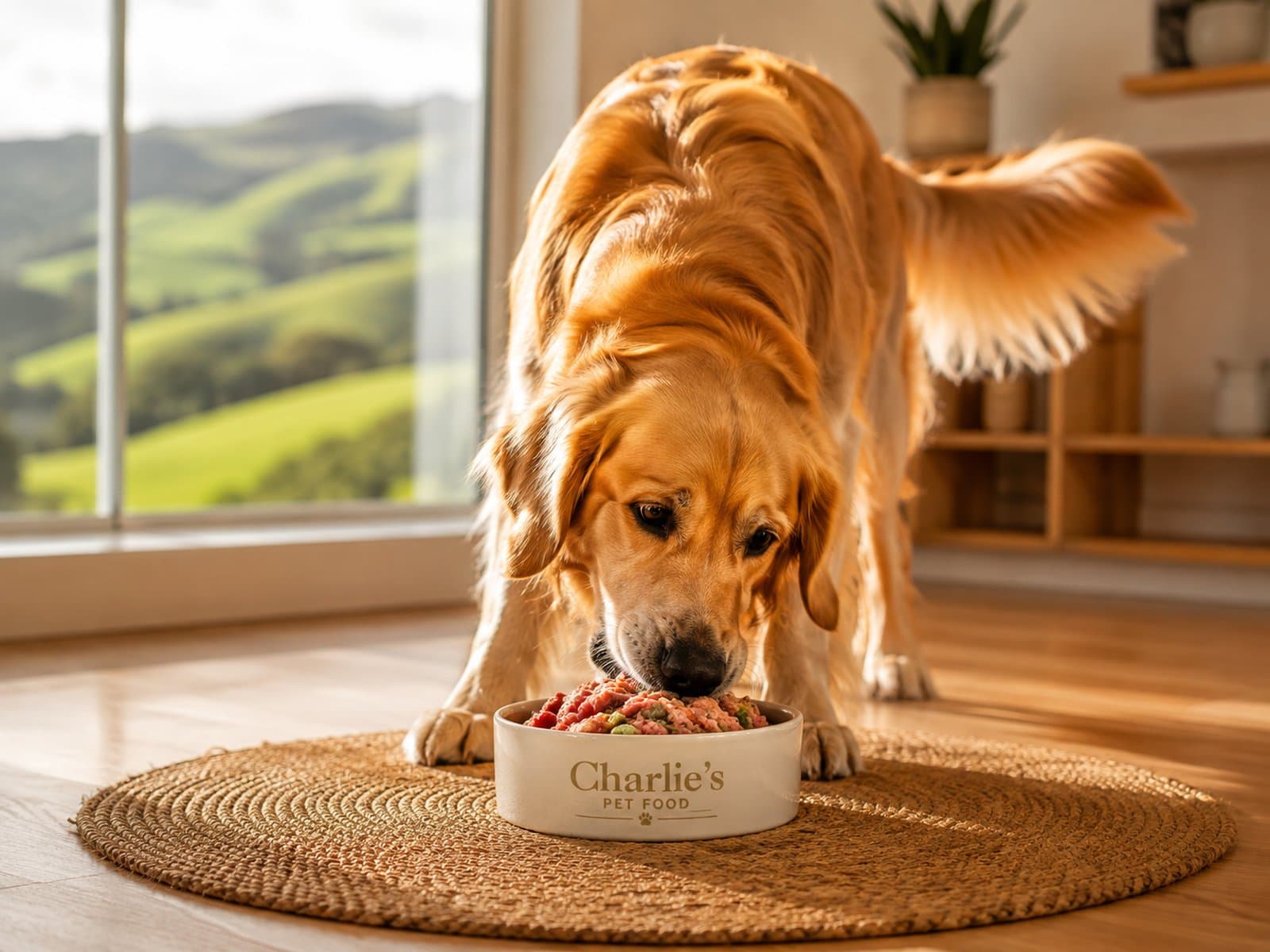 Happy golden retriever eating from a Charlie's Pet Food bowl